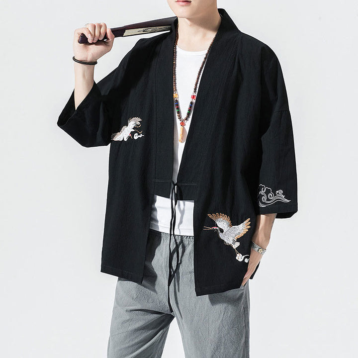 Buddha Stones Embroidery Open Front Jacket Cotton Linen Men's Three Quarter Sleeve Kimono - Black - US/UK/AU46，EU56 (5XL) - image 10