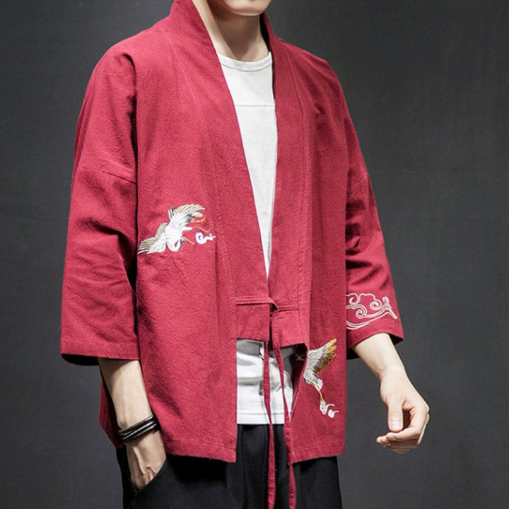 Buddha Stones Embroidery Open Front Jacket Cotton Linen Men's Three Quarter Sleeve Kimono - image 22