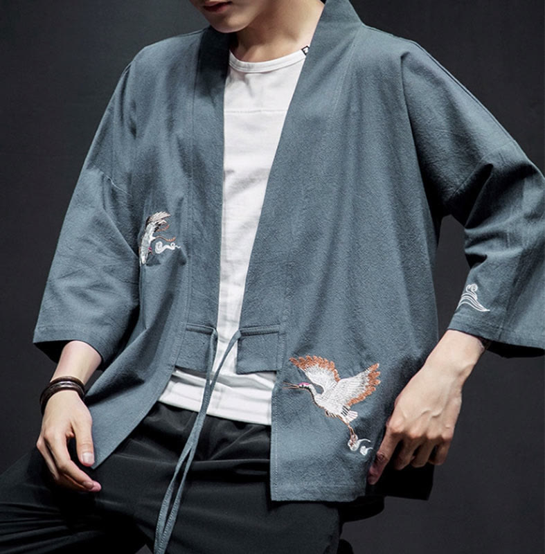 Buddha Stones Embroidery Open Front Jacket Cotton Linen Men's Three Quarter Sleeve Kimono - image 25