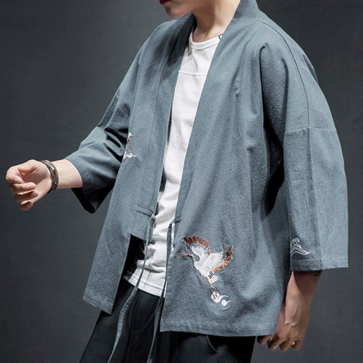 Buddha Stones Embroidery Open Front Jacket Cotton Linen Men's Three Quarter Sleeve Kimono - image 27