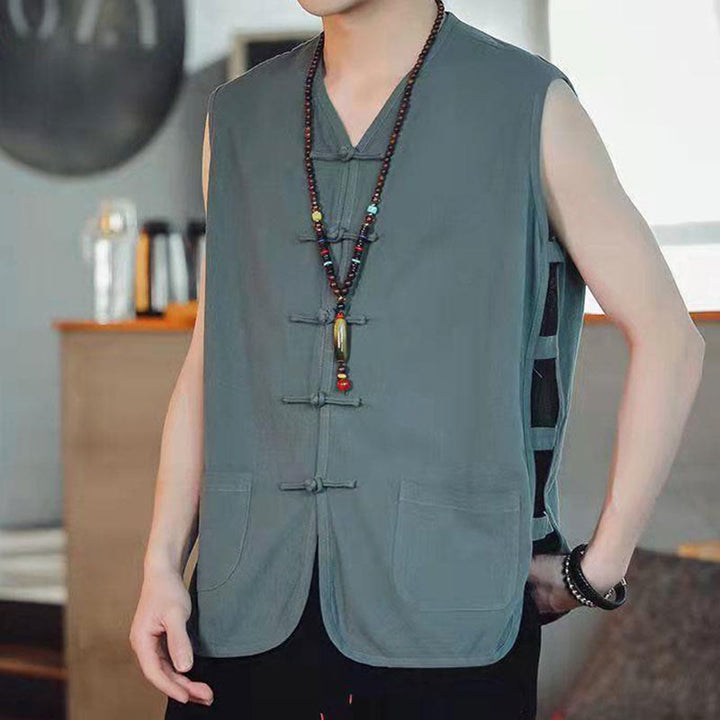 Buddha Stones Casual Chinese Frog-Button Men's Vest With Pockets - DarkCyan - US/UK/AU46，EU56 (5XL) - image 21