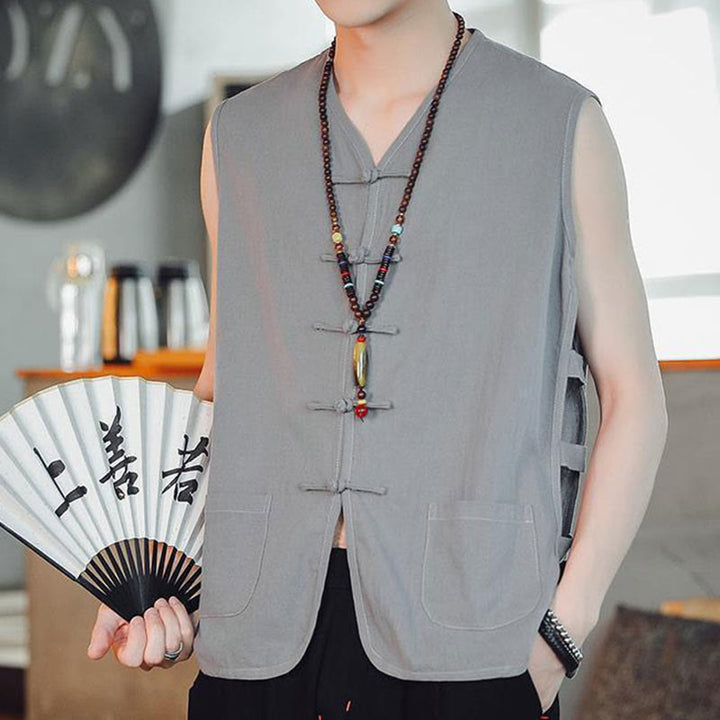 Buddha Stones Casual Chinese Frog-Button Men's Vest With Pockets - image 20