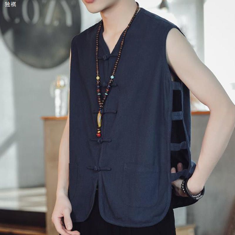 Buddha Stones Casual Chinese Frog-Button Men's Vest With Pockets - image 3