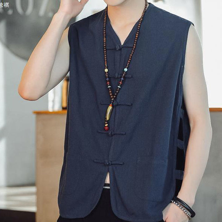 Buddha Stones Casual Chinese Frog-Button Men's Vest With Pockets - image 4