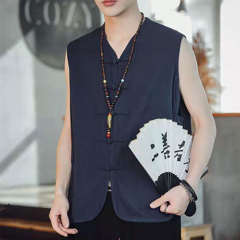 Buddha Stones Casual Chinese Frog-Button Men's Vest With Pockets - Navy - US/UK/AU46，EU56 (5XL) - image 0