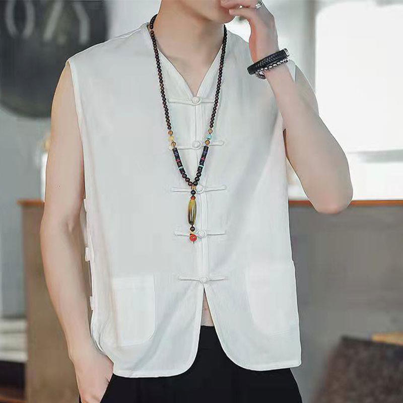 Buddha Stones Casual Chinese Frog-Button Men's Vest With Pockets - White - US/UK/AU46，EU56 (5XL) - image 18