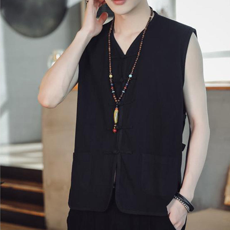 Buddha Stones Casual Chinese Frog-Button Men's Vest With Pockets - image 9