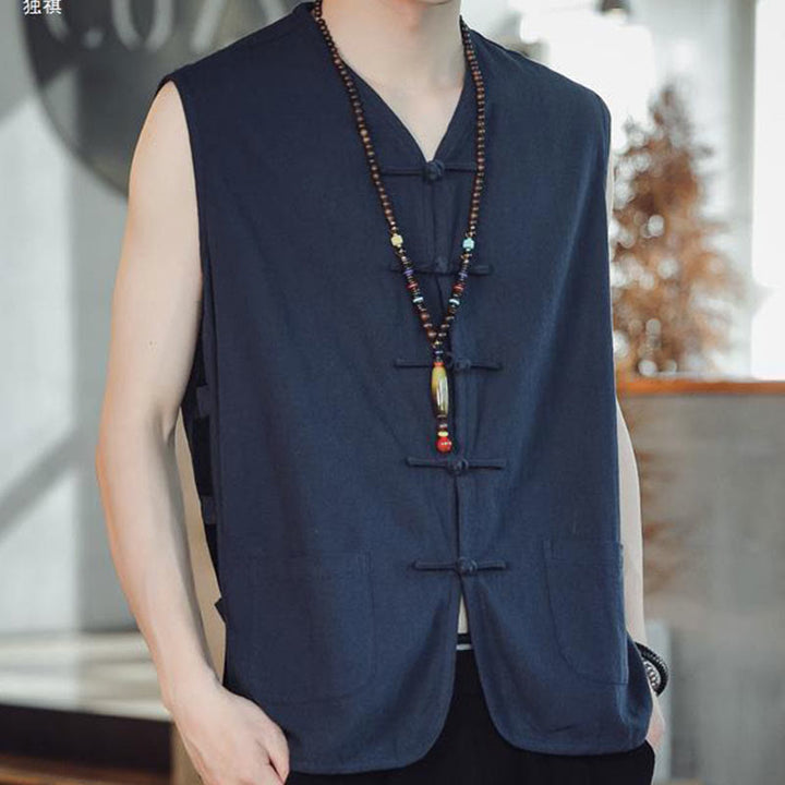 Buddha Stones Casual Chinese Frog-Button Men's Vest With Pockets - image 6