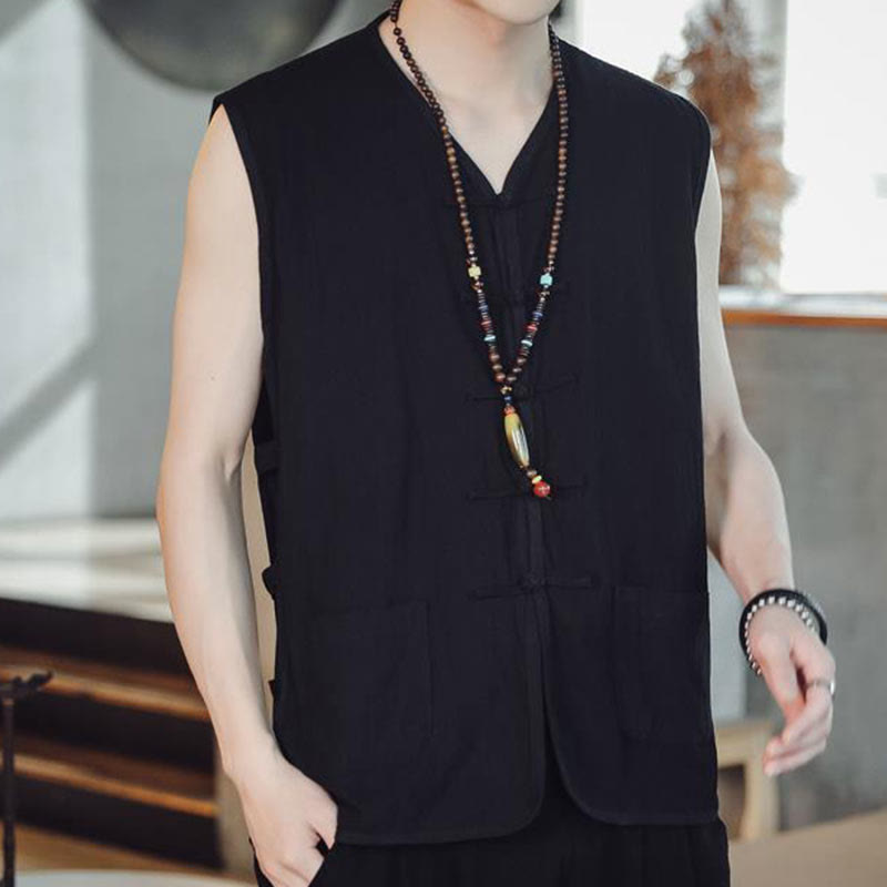 Buddha Stones Casual Chinese Frog-Button Men's Vest With Pockets - image 10