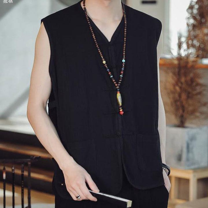 Buddha Stones Casual Chinese Frog-Button Men's Vest With Pockets - image 12