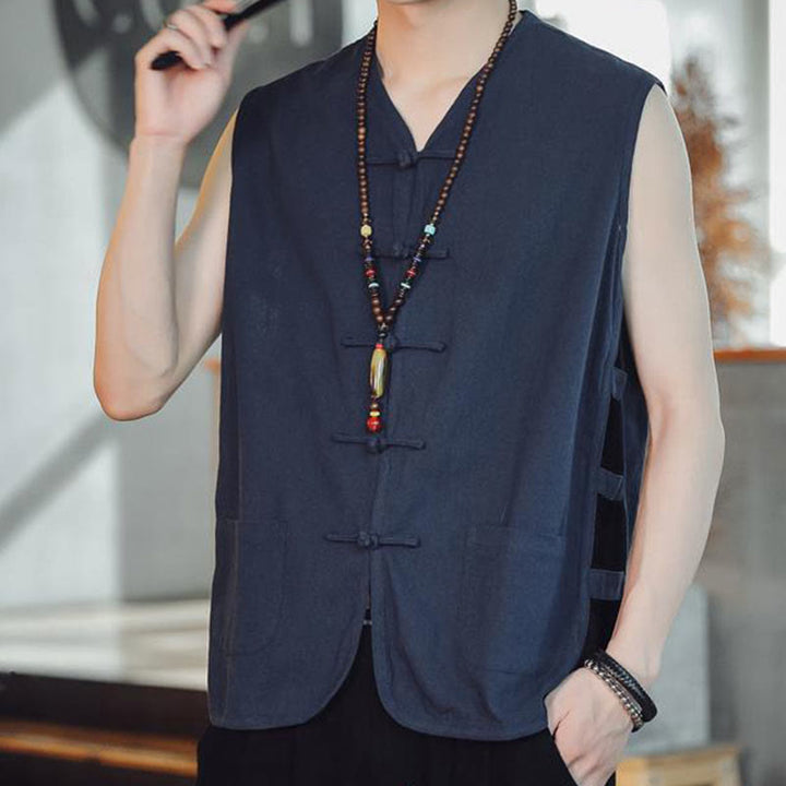 Buddha Stones Casual Chinese Frog-Button Men's Vest With Pockets - image 1