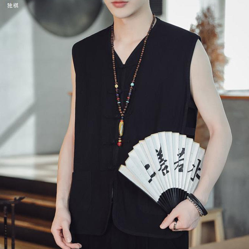 Buddha Stones Casual Chinese Frog-Button Men's Vest With Pockets - image 14