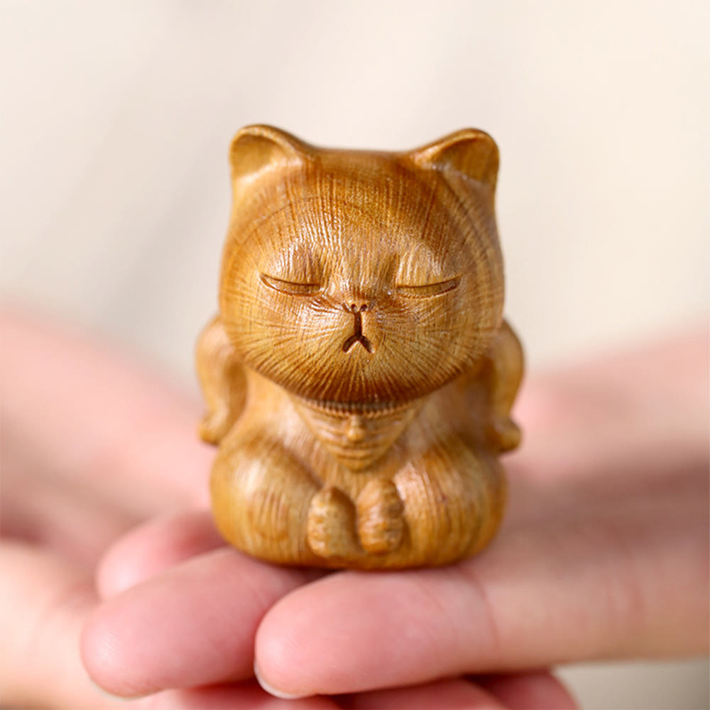 Buddha Stones Small Mini Green Sandalwood Lucky Cat Carved Soothing Decorations - image 4