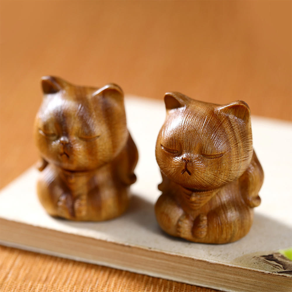 Buddha Stones Small Mini Green Sandalwood Lucky Cat Carved Soothing Decorations - image 1