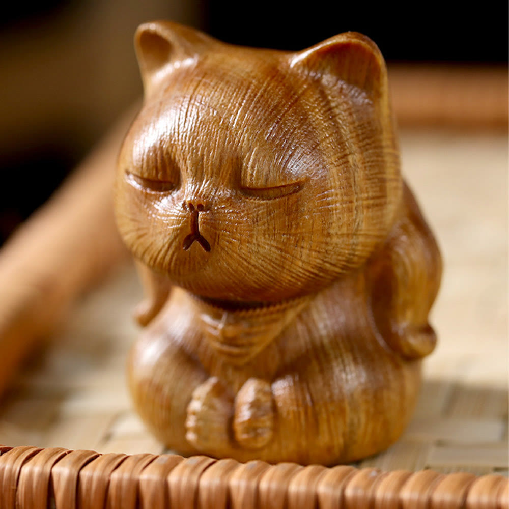 Buddha Stones Small Mini Green Sandalwood Lucky Cat Carved Soothing Decorations - image 2