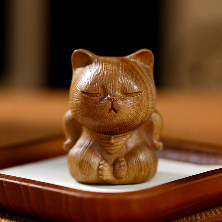 Buddha Stones Small Mini Green Sandalwood Lucky Cat Carved Soothing Decorations - Green Sandalwood 5*3.8*3.6cm - image 0