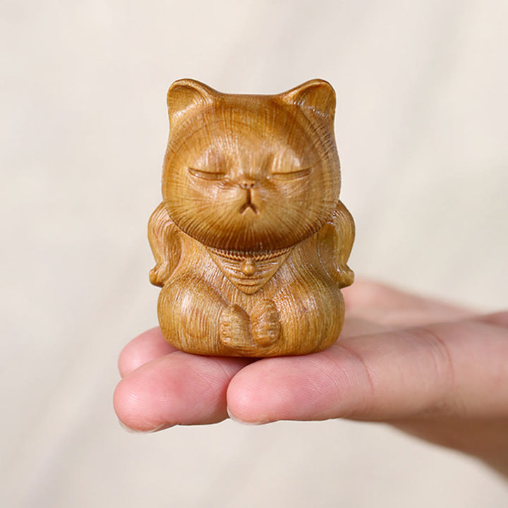 Buddha Stones Small Mini Green Sandalwood Lucky Cat Carved Soothing Decorations - image 8