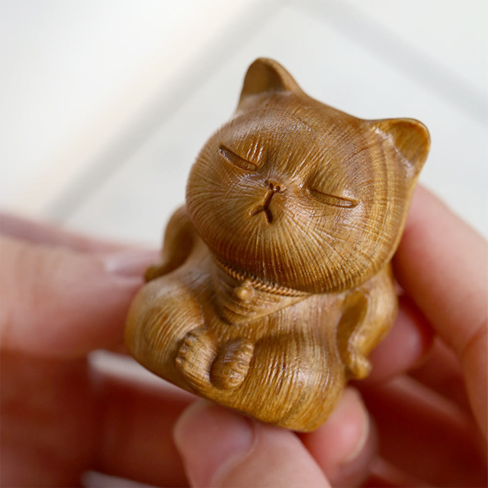 Buddha Stones Small Mini Green Sandalwood Lucky Cat Carved Soothing Decorations - image 9