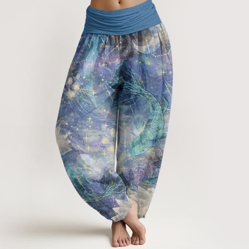 Buddha Stones Pure Cotton Koi Fish Lotus Moon Stars Pattern Women's Elastic Waist Harem Pants - LightSkyBlue - US22，UK/AU26，EU54 (6XL) - image 0