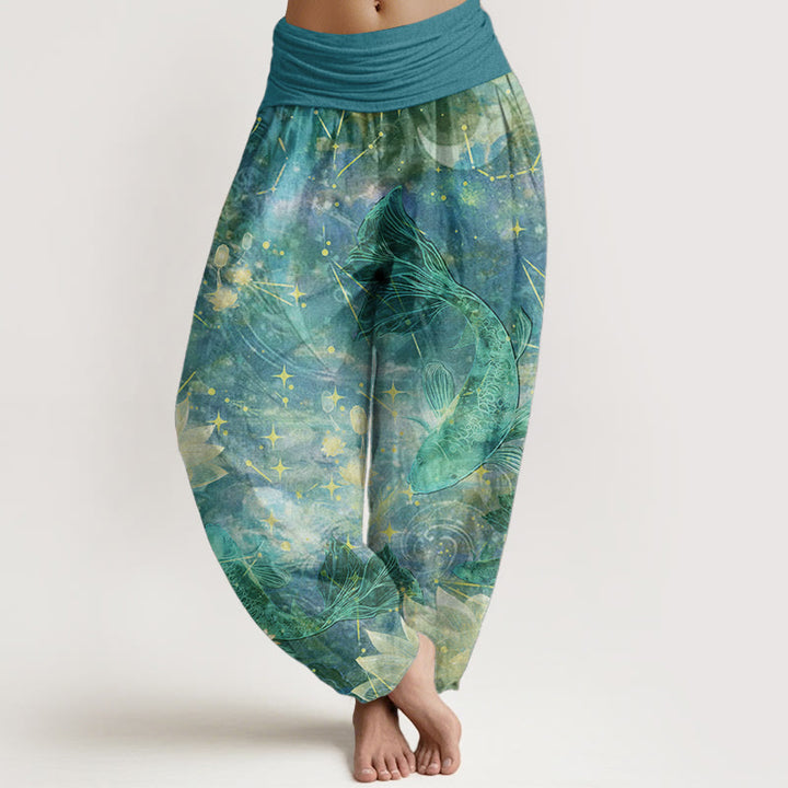 Buddha Stones Pure Cotton Koi Fish Lotus Moon Stars Pattern Women's Elastic Waist Harem Pants - MediumTurquoise - US22，UK/AU26，EU54 (6XL) - image 8