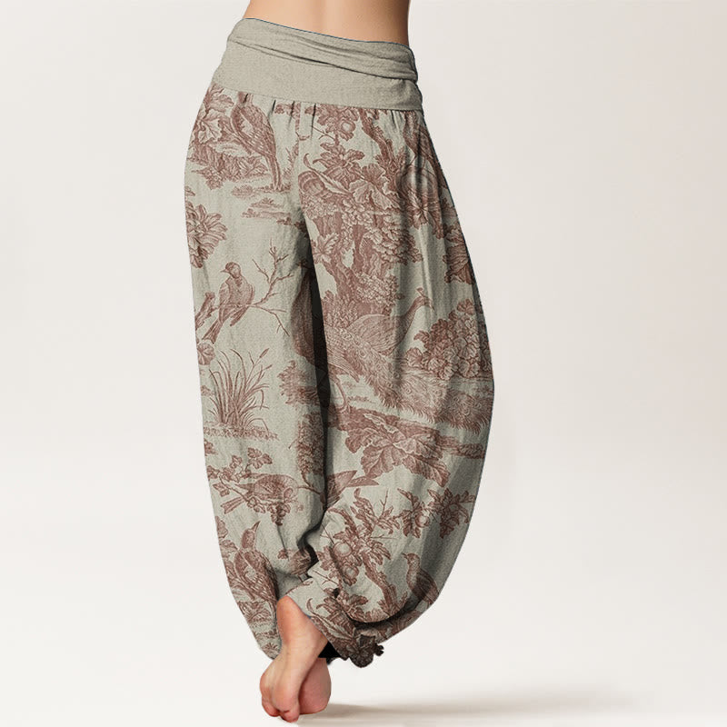 Buddha Stones Pure Cotton Birds Trees Branches Pattern Women's Elastic Waist Harem Pants - image 1