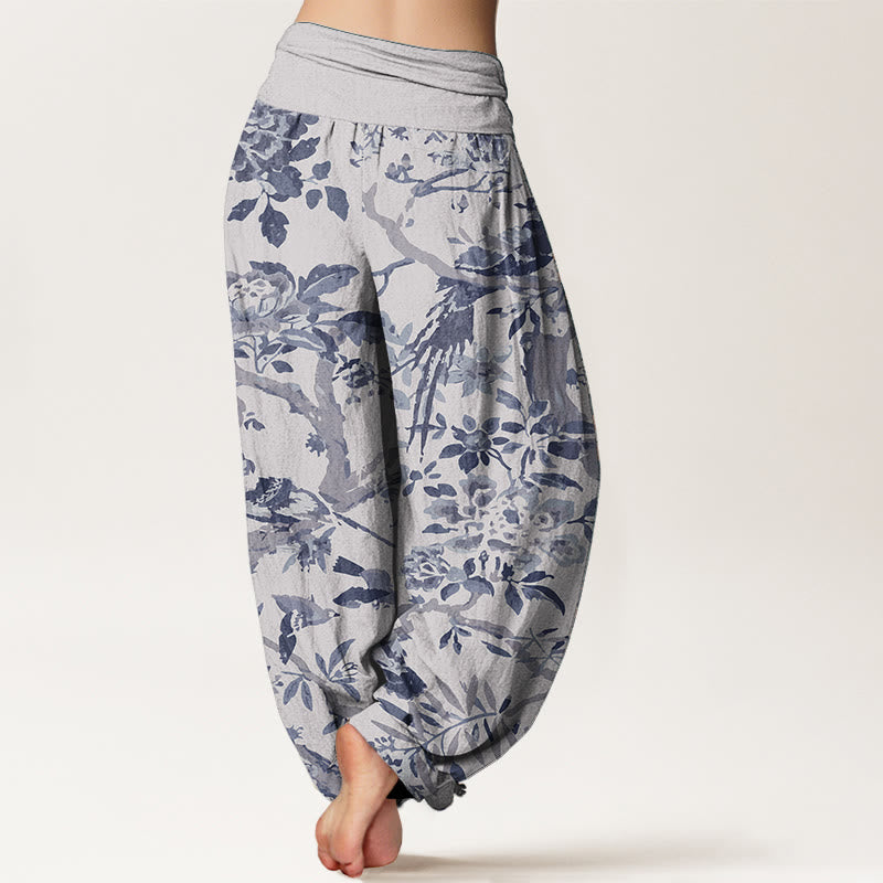 Buddha Stones Pure Cotton Birds Branches Flowers Pattern Women's Elastic Waist Harem Pants - image 9