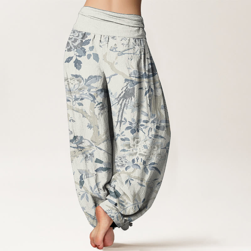 Buddha Stones Pure Cotton Birds Branches Flowers Pattern Women's Elastic Waist Harem Pants - image 1