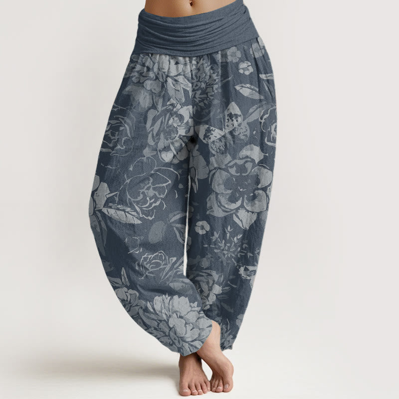 Buddha Stones Pure Cotton Casual Peony Flowers Leaves Women's Elastic Waist Harem Pants - SteelBlue - US22，UK/AU26，EU54 (6XL) - image 8