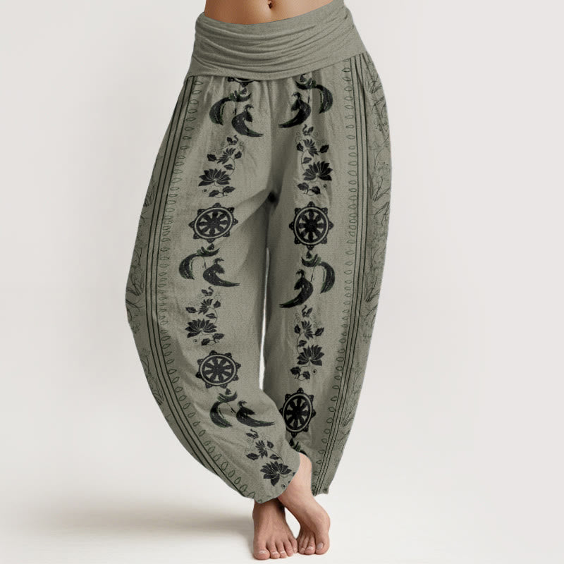 Buddha Stones Pure Cotton Dharma Wheel Lotus OM Pattern Women's Elastic Waist Harem Pants - DarkSeaGreen - US22，UK/AU26，EU54 (6XL) - image 5