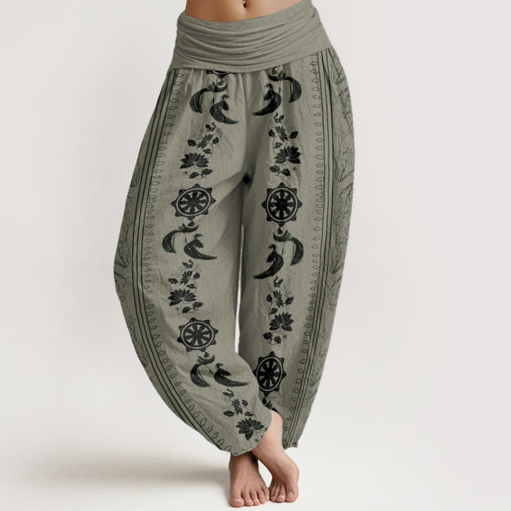 Buddha Stones Pure Cotton Dharma Wheel Lotus OM Pattern Women's Elastic Waist Harem Pants - DarkSeaGreen - US22，UK/AU26，EU54 (6XL) - image 5