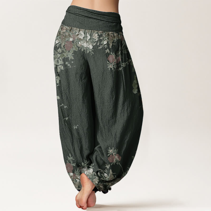 Buddha Stones Pure Cotton Casual Red Peony Flower Vine Design Women's Elastic Waist Harem Pants - image 7