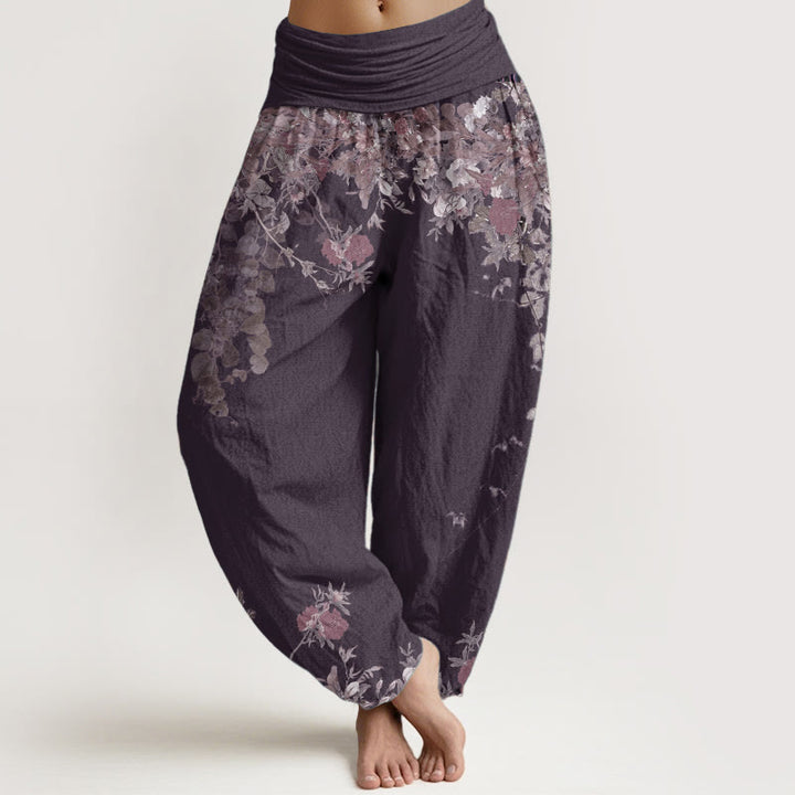 Buddha Stones Pure Cotton Casual Red Peony Flower Vine Design Women's Elastic Waist Harem Pants - DarkMagenta - US22，UK/AU26，EU54 (6XL) - image 9