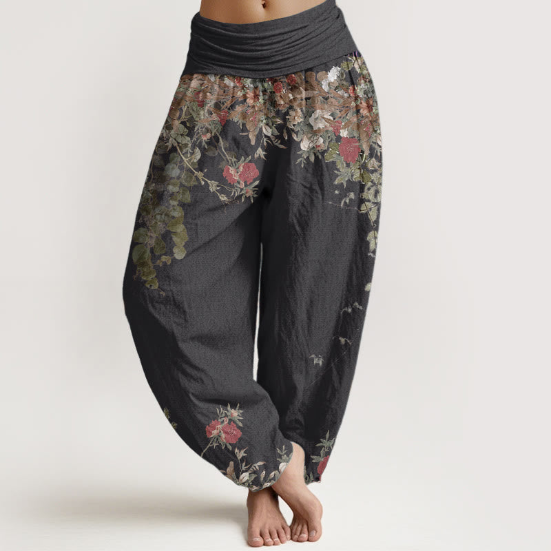Buddha Stones Pure Cotton Casual Red Peony Flower Vine Design Women's Elastic Waist Harem Pants - Black - US22，UK/AU26，EU54 (6XL) - image 0