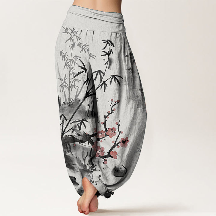 Buddha Stones Pure Cotton Plum Blossoms Bamboo Orchids Chrysanthemums Pattern Women's Elastic Waist Harem Pants - image 1