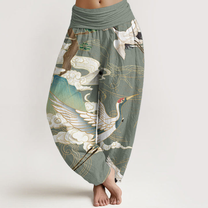 Buddha Stones Pure Cotton Flying Cranes Auspicious Clouds Tree women's Elastic Waist Harem Pants