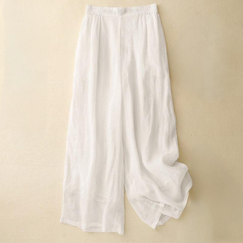 Buddha Stones Geometric Embroidery Elastic Waist Women's Cotton Linen Wide Leg Pants With Pockets - White - US8-10，UK/AU12-14，EU40-42 (2XL) - image 20