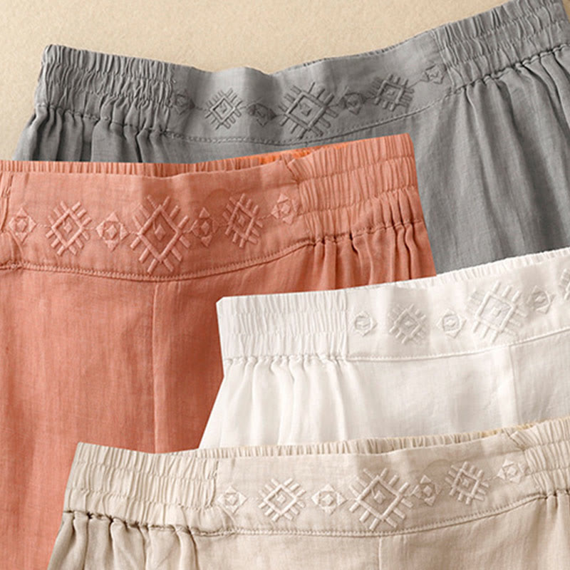 Buddha Stones Geometric Embroidery Elastic Waist Women's Cotton Linen Wide Leg Pants With Pockets - image 26