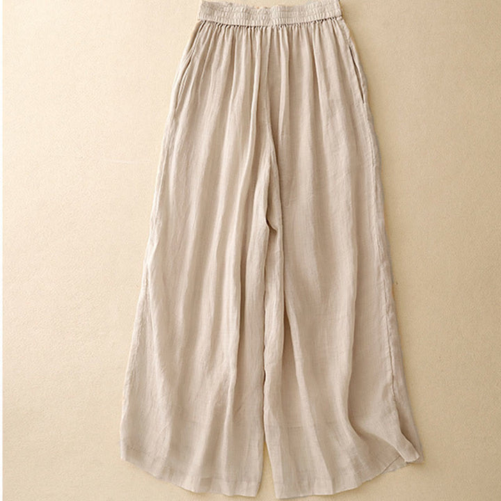 Buddha Stones Geometric Embroidery Elastic Waist Women's Cotton Linen Wide Leg Pants With Pockets - image 12