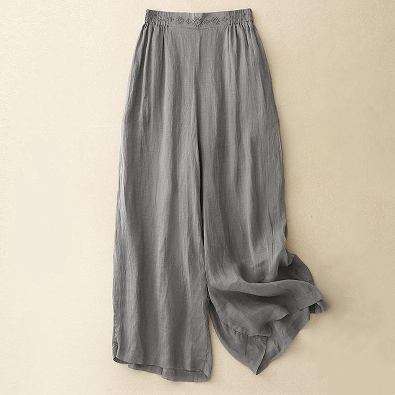 Buddha Stones Geometric Embroidery Elastic Waist Women's Cotton Linen Wide Leg Pants With Pockets - Gray - US8-10，UK/AU12-14，EU40-42 (2XL) - image 6