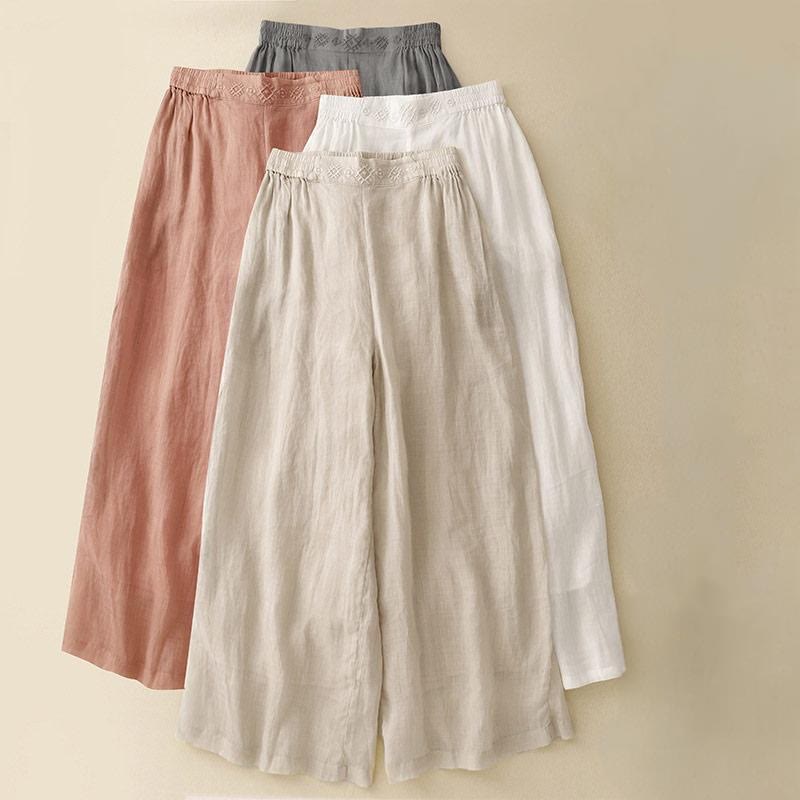 Buddha Stones Geometric Embroidery Elastic Waist Women's Cotton Linen Wide Leg Pants With Pockets - image 25