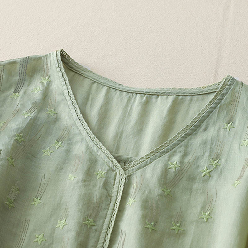 Buddha Stones Casual Shooting Star Embroidery V-Neck Half Sleeve Cotton Linen Women's Shirt