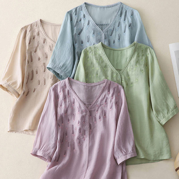 Buddha Stones Casual Shooting Star Embroidery V-Neck Half Sleeve Cotton Linen Women's Shirt