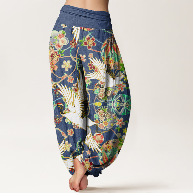 Buddha Stones Cotton Casual Crane Floral Geometric Pattern Elastic Waist Women's Harem Pants - image 1