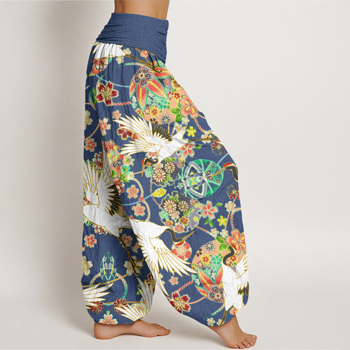 Buddha Stones Casual Crane Floral Geometric Pattern Elastic Waist Women's Harem Pants - image 2