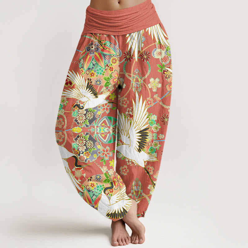 Buddha Stones Casual Crane Floral Geometric Pattern Elastic Waist Women's Harem Pants - DarkOrange - US22，UK/AU26，EU54 (6XL) - image 4