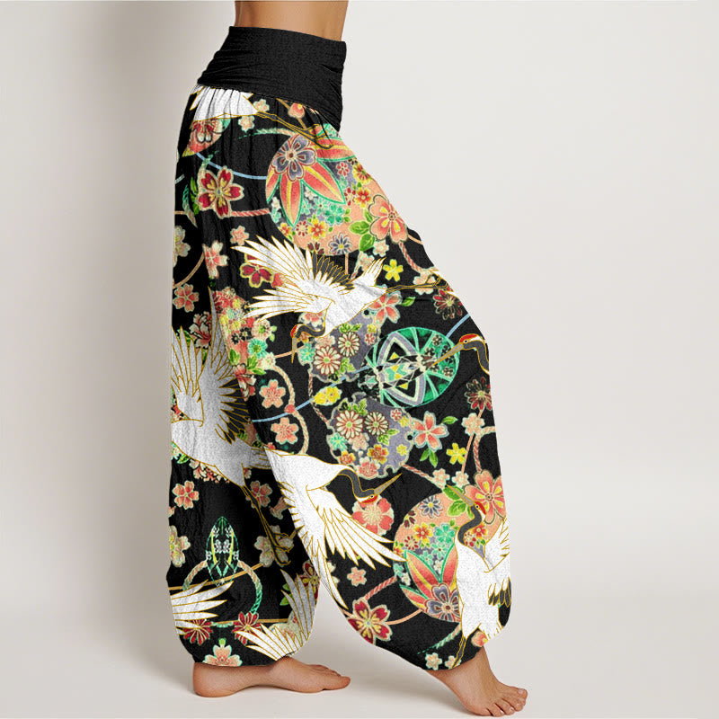 Buddha Stones Casual Crane Floral Geometric Pattern Elastic Waist Women's Harem Pants - image 9
