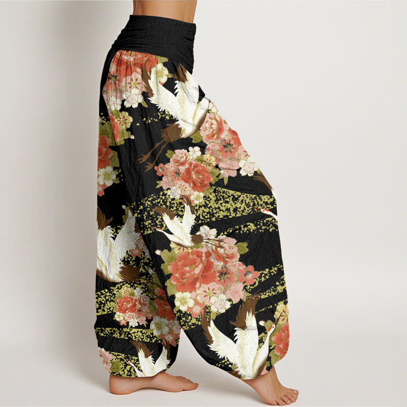 Buddha Stones Casual Crane Peony Cherry Blossom Pattern Elastic Waist Women's Harem Pants - image 10