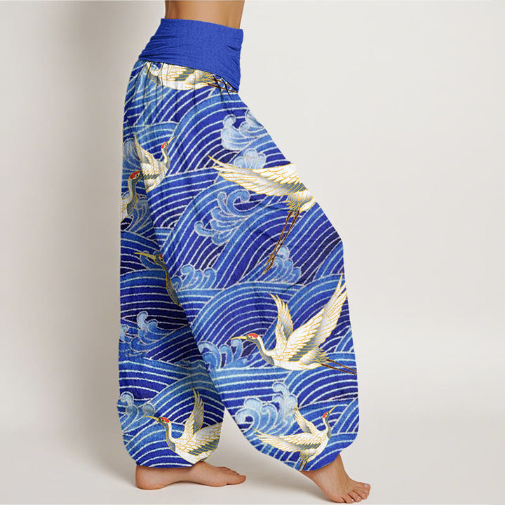 Buddha Stones Cotton Casual Crane Ocean Waves Pattern Elastic Waist Women's Harem Pants - image 2