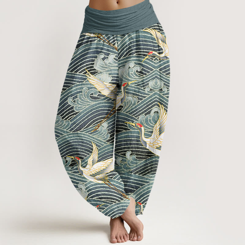 Buddha Stones Casual Crane Ocean Waves Pattern Elastic Waist Women's Harem Pants - CadetBlue - US22，UK/AU26，EU54 (6XL) - image 4