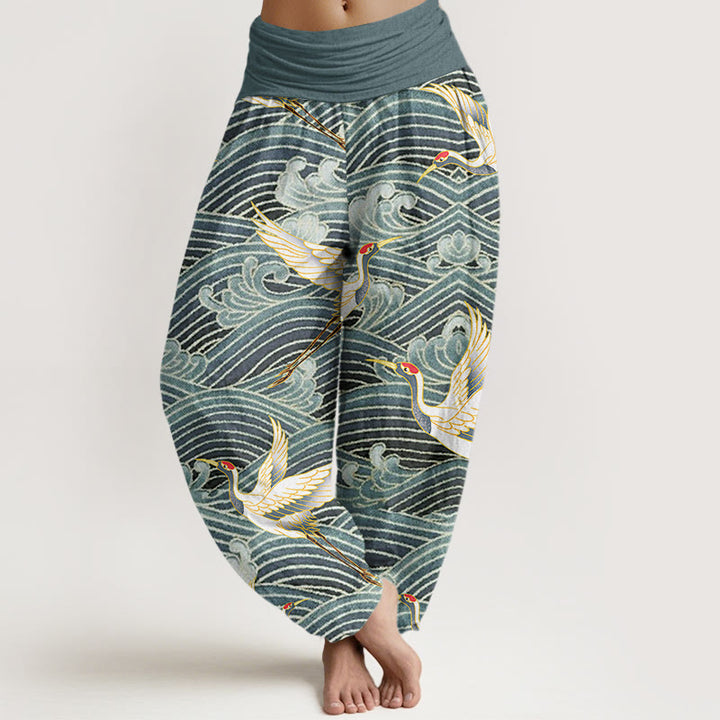 Buddha Stones Casual Crane Ocean Waves Pattern Elastic Waist Women's Harem Pants - CadetBlue - US22，UK/AU26，EU54 (6XL) - image 4